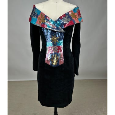 Vintage 1990s Michael Hoban North Beach Black Leather Suede Dress w Sequins 