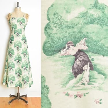 vintage 70s maxi dress mint green novelty print hippie boho sundress XXS 