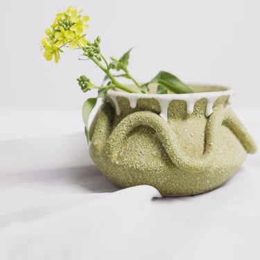 Italian Studio Pottery Planter Vintage Green Ceramic Bowl Wabi Sabi Textured Vessel 