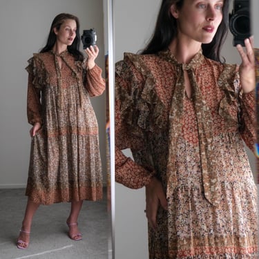 Vintage 80s DIANE FRÉIS Floral Prairie Style Layered Bohemian Summer Longline Dress | Garden Party Dress| 1980s Designer Boho Dress 