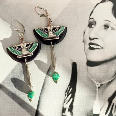 Art Deco Earrings Vintage Black Bakelite & Green Egyptian Revival winged Isis statement  earrings flapper 1920s Art Deco by BakeliteBa