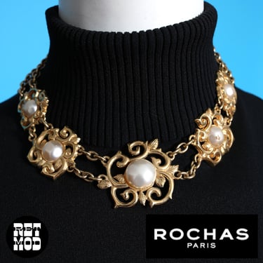 Chunky Vintage 80s 90s Rochas Maison Paris Pearl Baroque Style Gold Statement Necklace 