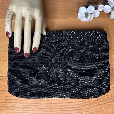 Vintage 1950s Black Glass Bead Formal Clutch Bag 