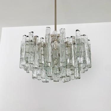Large Mid-Century Modern Brutalist Ice Glass Chandelier | 1960s 