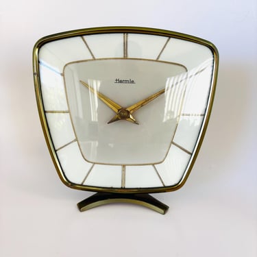 Vintage Hermle Mid Century Modern Desk Clock | Original German Quartz Mantel Clock | Brass & White Glass Atomic Style | Modernist 