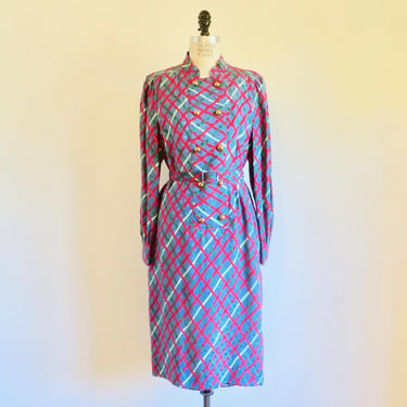 1980s Plaid Silk Dress: Double Breasted Career Style, Size Medium 