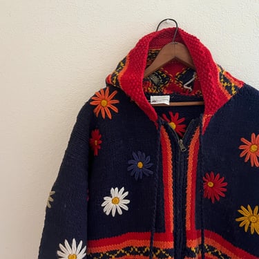 Vintage Hand Knit Bolivian Wool Zip Up Hooded Sweater 