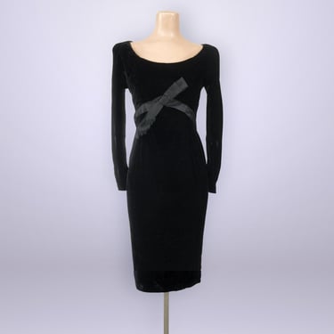 VINTAGE 50s Rayon Velvet Cocktail Dress 36B/27W | 1950s Bow Detail Bombshell Pin-up Party Dress | Long Sleeve Pencil Dress | VFG 