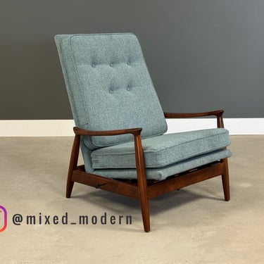 Milo Baughman Walnut Blue Recliner Lounge Chair 
