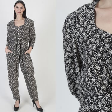 Black Grunge Jumpsuit, Vintage 90s Floral Playsuit, Dress With Pockets 