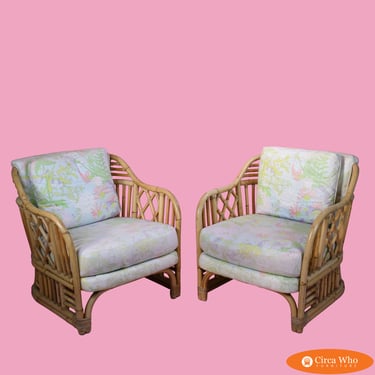 Pair of Fretwork Burnt Bamboo Upholstered Club Chairs