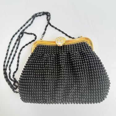 Black Beaded Clutch, Evening Clutch, Sleek Black Chain Strap, Vintage Poouch Rhinestone Deco 