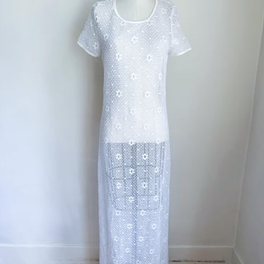 Vintage 1990s White Mesh Maxi Dress / Cover Up // XS-S 