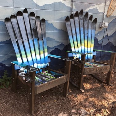 Set of 2 - Northern Lights at Night Adirondack Ski Chairs With Dark Walnut Base, Outdoor Porch/Lawn Chairs, Hand painted Outdoor Furniture 