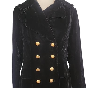 Vintage 1960s Black Velvet Opera Coat Double Breasted Gold Buttons 