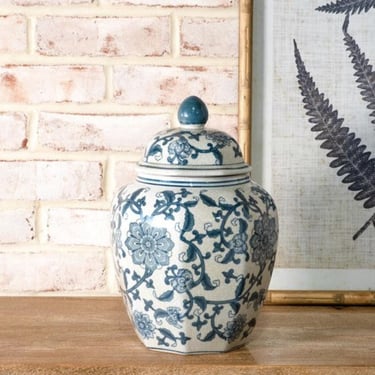Blue Floral Ginger Jar w/ Lid, decorative pottery, office shelf decor, decorating urn, Classic Chinoiserie Style, grandmillennial 