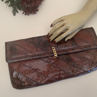 Vintage 1980s Brown Snakeskin Clutch Bag or Shoulder Bag Original by Caprice 