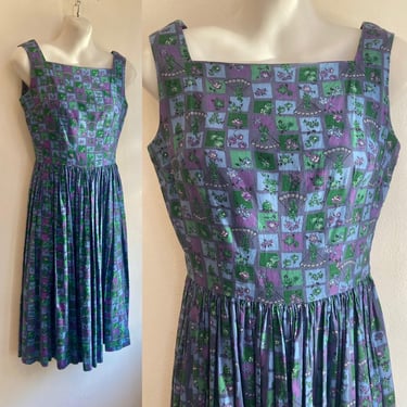 Vintage 50s Sundress / Cotton Summer Dress / Square Neckline + Bow Back + Full Skirt + Side Metal Zip / Floral Novelty Checkerboard Print 