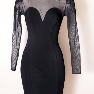 80's Tadashi Black Bandage Evening Dress Tight Sexy LBD Vintage 1980's 