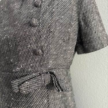 Vintage 50s Micro Herringbone Baby Doll Wool Mini Dress with Daisies; 60s Black and White Tweed Sheath Dress; 70s Mini Swing Dress Pleated L 
