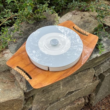 Seyei Nagoya Ceramic Relish Dishes, Lid on Bamboo Tray Vintage Mid-Century Tableware Serving Ware Japan 