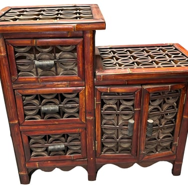 Late Qing Dynasty Split Bamboo & Lattice Top Chippendale Cabinet w/ 3 Drawers 