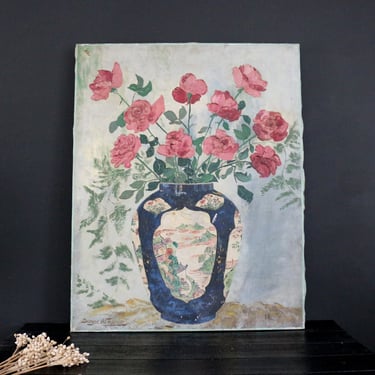 Huge Floral Elegance in Blue Vase, Large Vintage Oil Painting on Canvas, Signed Artwork, Original Still Life Oil Painting Flowers on a Vase 