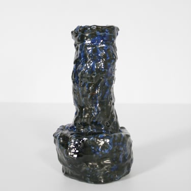 Vintage Cobalt Blue Black Glazed Fat Lava Ceramic Vase Studio Folk Irregular Sculptural Mid Century Modern Vessel Modernist Pottery Art 