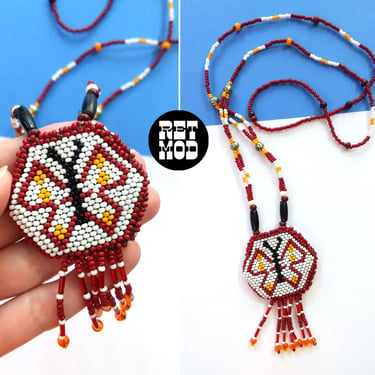 Cute Vintage 70s Butterfly Seed Bead Pendant Necklace 