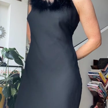 VTG 90s Black Maxi Bias Cut Dress with Fuzzy Feather Neckline 