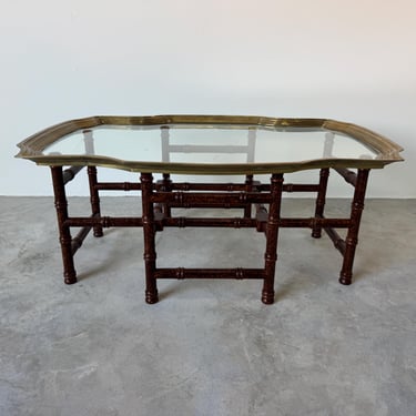 1970s Baker Furniture Hollywood Regency Faux Bamboo Coffee Table with Scalloped Brass and Glass Top 