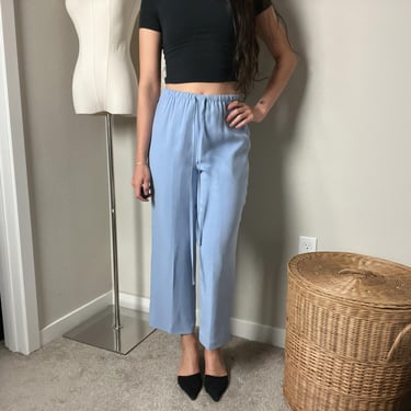 vintage dusty blue silk high waisted drawstring straight leg cropped pants 