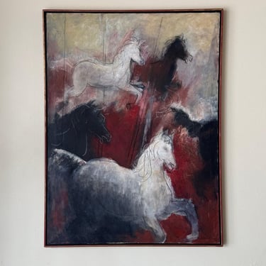 Mid Century Original Oil “STEEPLE CHASE” Painting in Wood Frame Artist Signed 
