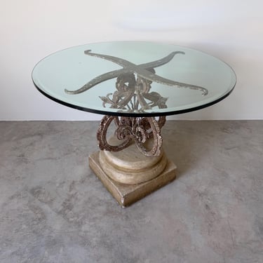 Vintage Wrought Iron & Concrete Pedestal Outdoor Dining Table with Glass Top 