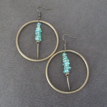 Bronze Hoop Earrings, green Luster Glass Beads, Mid-Century Modern Statement Jewelry 