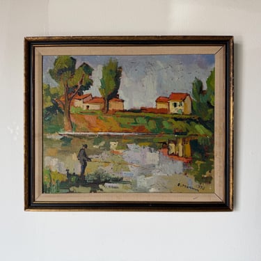 1970 Rodolfo Marma Italian Impressionist Landscape Oil on Board Painting – “L’Arno a Rovezzano,” Florence, Italy, Framed 