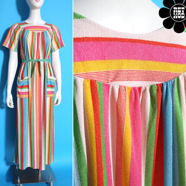 Comfy & Fun Vintage 60s 70s Colorful Stripe Terrycloth Maxi Dress with Pockets 