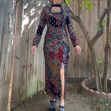 Vintage 1980’s Mesh Metallic Floral Dress With High Collar 