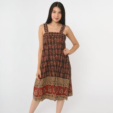 Vintage 60s Boho Floral Sun Dress Block Print Batik Style Sundress Brown Square Neck India Midi 1960s Hippie Festival Summer Extra Small xs 