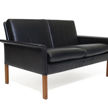 Hans Olsen Black Leather Sofa, Mid-century Danish