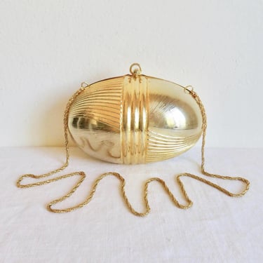 1970's 80's Gold Metal Hard Case Purse Clutch Oval Egg Shape Shoulder Chain Disco Era Bag Glam Cocktail Party Formal Purses 