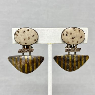Vintage Modernist Clip-On Earrings in Sterling Silver, 24k Gold & Stone Signed 