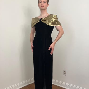 80s Black velvet and gold lame party dress 