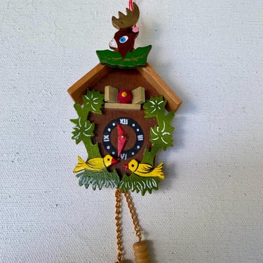 Vintage Cuckoo Clock Ornaments, Wooden Wood, Christmas Tree Ornaments, Deer Head, Yellow Birds 