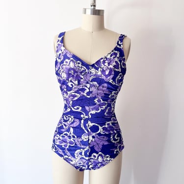 SIZE S 1980s V Neck Swim Suit One Piece / Maxine of Hollywood Swimsuit / Bathing Suit Pink Purple Floral, Deep Back, Ruched 