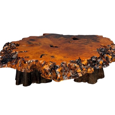 1970s California Redwood Burl Live Edge Coffee Table on Redwood Stump Base