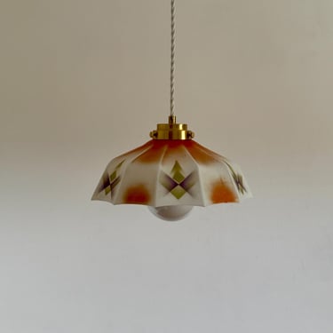 Vintage Art Deco Glass Pendant Lamp / Hand Painted Geometric Ceiling Light / Mid Century Hanging Lamp / 1940s 