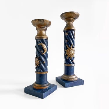 Vintage Celestial Resin Taper Candlestick Holders Set of 2, Blue & Gold Sun Moon Star 1990s Candle Holders 
