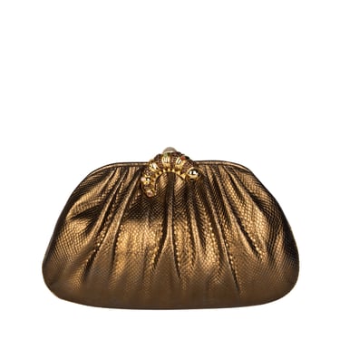 Judith Leiber Vintage Embellished Caterpillar Metallic Bronze Karung Skin Convertible Clutch Bag