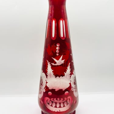 Vintage Bohemian Ruby Red Cut-to-Clear Crystal Glass Vase – Elegant Czech Boho Decor by LeChalet